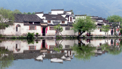 Fototapeta na wymiar Panorama of Moon Lake in Hongcun Village, Anhui province of China