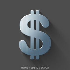 Flat metallic banking 3D icon. Polished Steel Dollar on Gray background. EPS 10, vector.