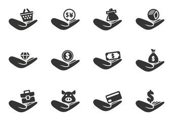 Hend and money icons set