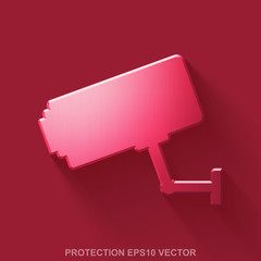 Flat metallic safety 3D icon. Red Glossy Metal Cctv Camera on Red background. EPS 10, vector.