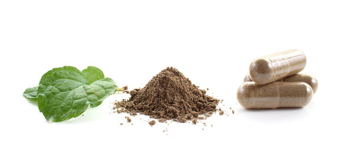 mint leaves and drug isolated on white background