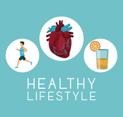 color background with icons circular frame of sport man ruinning with heart organ and orange juice text healthy lifestiyle