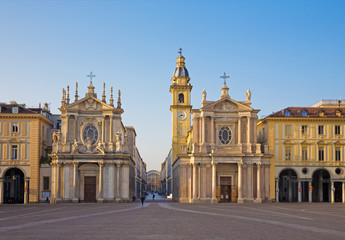 Fototapeta na wymiar Turin - The Piazza San Carlo square and churches Santa Cristina and Sant Carlo (right).