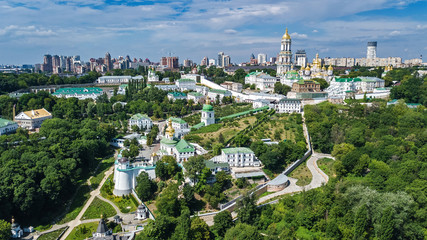 Aerial top view of Kiev Pechersk Lavra churches on hills from above, Kyiv city, Ukraine  