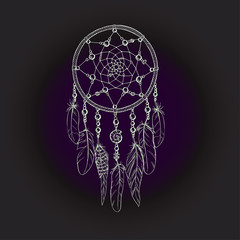 Hand drawn ornate Dreamcatcher in white contour on a deep dark background.  illustration.