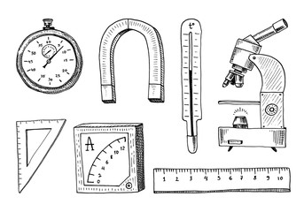 compass and magnet, alpelmet with thermometer and microscope. engraved hand drawn in old sketch and vintage symbols Calculation in physics Back to School Element of Science and laboratory experiments.
