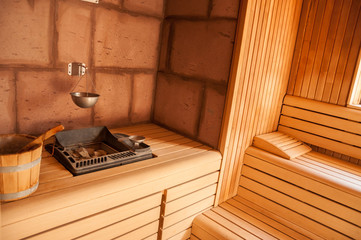 Closeup of stones on a sauna stove. Finnish oven