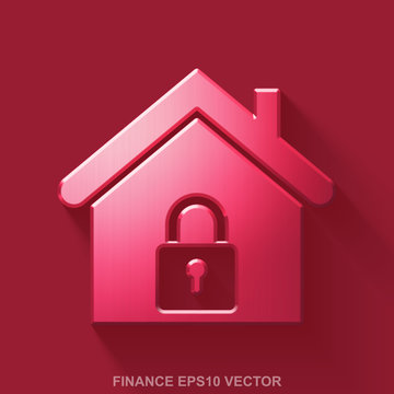 Flat metallic finance 3D icon. Red Glossy Metal Home on Red background. EPS 10, vector.
