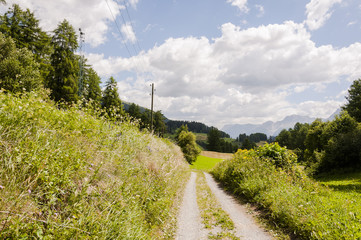 Fototapeta premium Ardez, Dorf, Ruine, Chanoua, Burgruine, Wanderweg, via Engiadina, Alpen, Engadin, Unterengadin, Ftan, Feldweg, Graubünden, Sommer, Schweiz