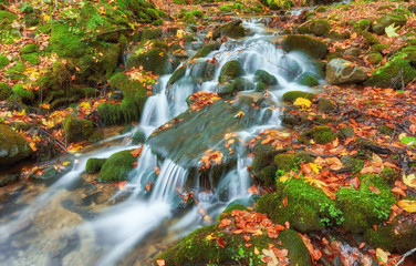 Fototapeta na wymiar Beautiful waterfall at mountain river in colorful autumn forest with red and orange leaves at sunset.