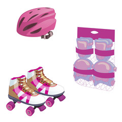Roller skating. Cute cartoon equipment set. protective gloves, helmet and stuff. Flat style  illustration.