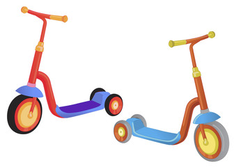 Two cute color kick scooter. Push scooter isolated on white background. Eco transport for kids.  illustration. © NatelaPancake
