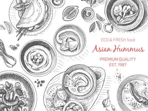 Vector illustration sketch - oriental food. Card menu asian vintage design template, banner.