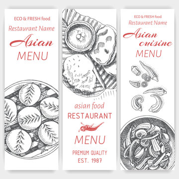 Vector illustration sketch - asian food. Card menu indian. vintage design template, banner.