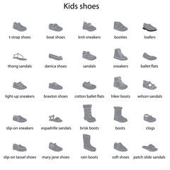 Kids shoes, set, collection of fashion footwear with names. Baby, girl, boy, child, childhood. Vector design isolated illustration. White outlines, gray silhouettes, white background.
