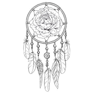 Hand drawn ornate Dreamcatcher with rose bud in contour.  illustration.
