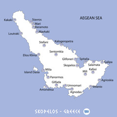 island of skopelos in greece white map and blue background illustration