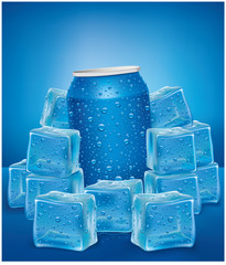 Blue Aluminum Tin Cans in ice cubes with many water drops