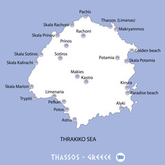 island of thassos in greece white map and blue background illustration