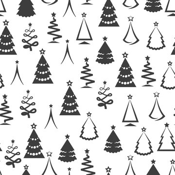 Monochromic christmas tree seamless pattern, in black and white colors. Vector illustration