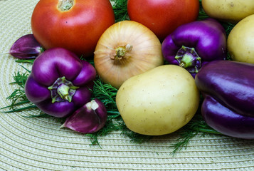 Assortment of fresh raw vegetables on a napkin. Selection includes potato, tomato, green onion, pepper, garlic and dill