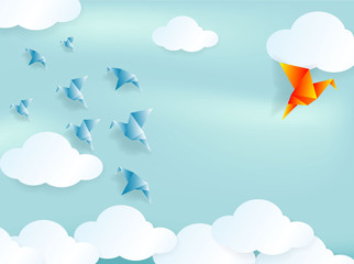 Paper of Bird flying concept . color paper bird fly on blue sky , sun , grass and cloud. Vector paper art style