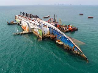 Boat crashes in the sea, cruise ship ,accident ,Shipwreck,top view ,aerial view