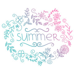 Summer postcard. Doodle summer card with floral elements, flowers, sun, curly lines. Vector illustration.