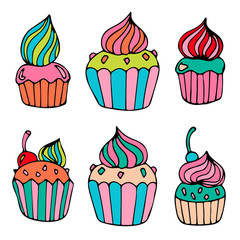 Hand drawn colorful doodle cake set. Vector illustration.