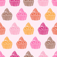 Cute hand drawn cupcake seamless pattern. Vector illustration.