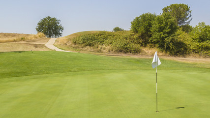 Obraz premium Dettaglio della buca finale di percorso di un campo di golf. Il prato fa parte di un ampio e ricco circolo di golf italiano frequentato dai migliori giocatori del panorama sportivo.