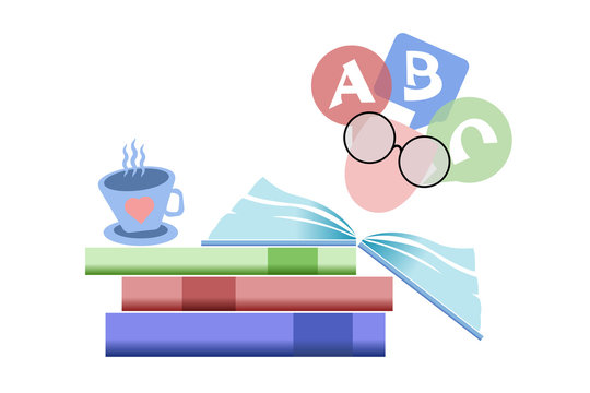 A stack of books, open and closed. Blue cup with heart. Alphabet. Pile of colored books. Isolated.