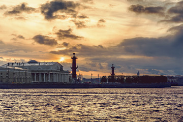 Vasilievsky Island column and building at sunset