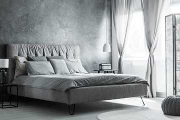 Gray and white bedroom interior