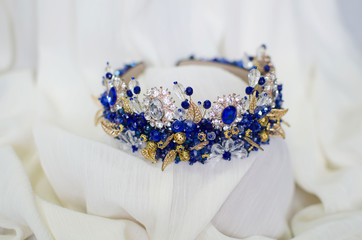 Rhinestones blue colored crown. Handmade head adornment