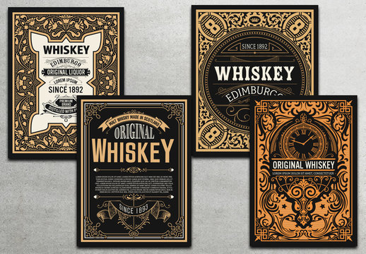 4 Vintage Whiskey Label Cards