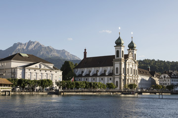 Lucerne with wooden bridge and Mount Pilatus