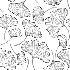 Vector seamless pattern with outline Gingko or Ginkgo biloba leaves in black on the white background. Floral pattern with Gingko foliage in contour style for summer design and coloring book.