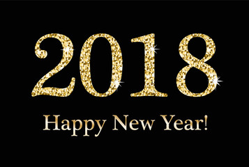 Happy New Year, Greeting card, template for your design. 2018 inscription from a gold glitter, sequins. Sparkling numerals on a black background, flyer, poster, invitation. Vector illustration