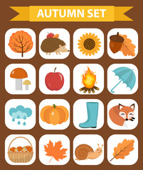 Autumn icons set flat or cartoon style.Collection design elements  with yellow leaves, trees, mushrooms, pumpkin, wild animals, umbrella and boots. Isolated on white background. Vector illustration