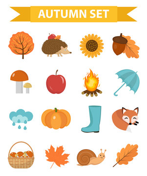 Autumn icons set flat or cartoon style.Collection design elements  with yellow leaves, trees, mushrooms, pumpkin, wild animals, umbrella and boots. Isolated on white background. Vector illustration