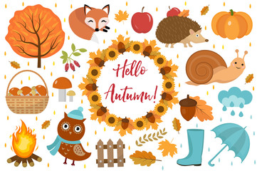 Hello Autumn icons set flat or cartoon style.Collection design elements  with leaves, trees, mushrooms, pumpkin, wild animals, umbrella and boots. Isolated on white background. Vector illustration