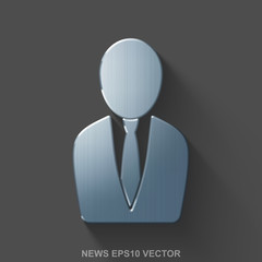 Flat metallic news 3D icon. Polished Steel Business Man on Gray background. EPS 10, vector.