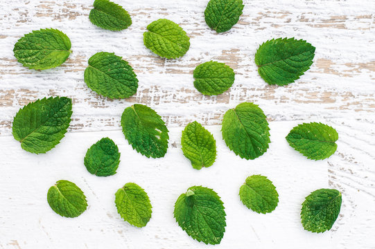 Mint leaves on a white wooden background