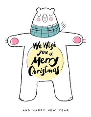 Christmas and new year hand drawn bear quote card