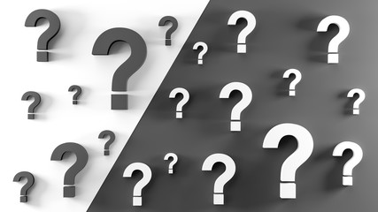 Black and white question marks background. 3D Rendering.