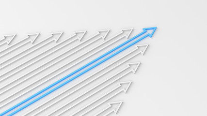 Leadership concept, blue leader arrow, standing out from the crowd of white arrows, on white background. 3D rendering.