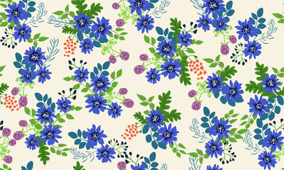 Seamless folk pattern in small wild flowers. Country style millefleurs. Floral meadow background for textile, wallpaper, pattern fills, covers, surface, print, gift wrap, scrapbooking, decoupage.