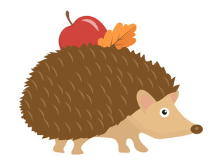 Cute hedgehog with apple and leaf on thorns, icon flat or cartoon style. Isolated on white background. Vector illustration