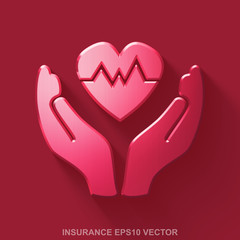 Flat metallic Insurance 3D icon. Red Glossy Metal Heart And Palm on Red background. EPS 10, vector.